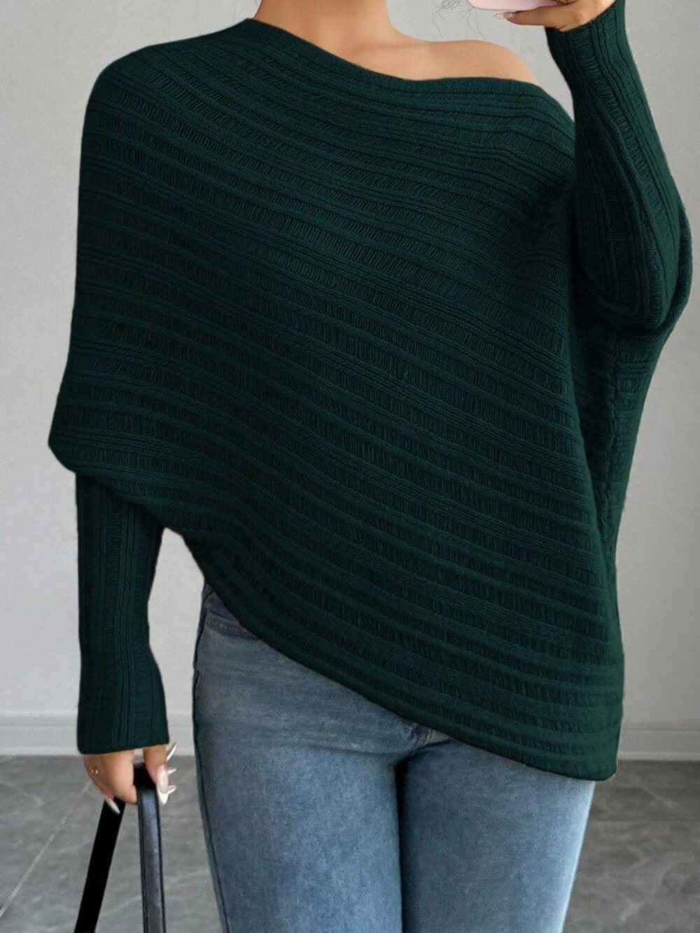 Dark Green Casual Women's Asymmetrical Rib-Knit Batwing Pullover - Picture 6 of 7